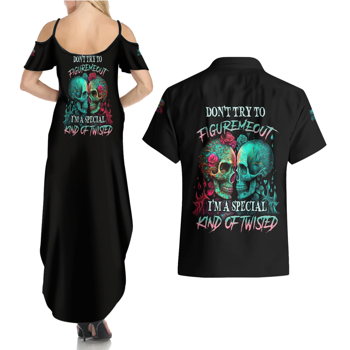 Don't Try To Figure Me Out Skull Couples Matching Summer Maxi Dress and Hawaiian Shirt - Wonder Print Shop