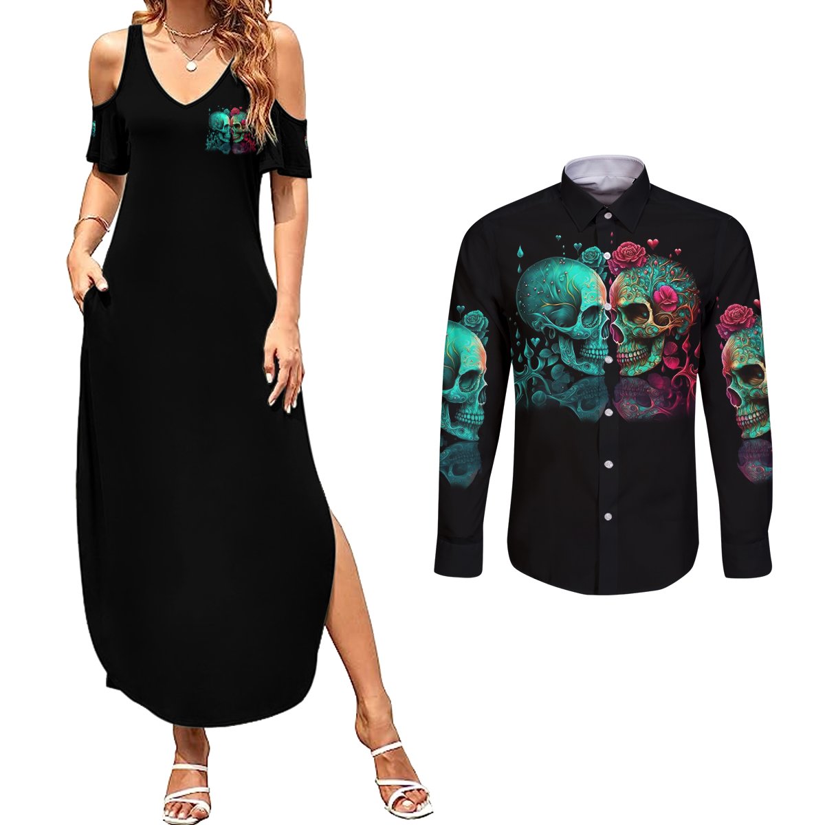 Don't Try To Figure Me Out Skull Couples Matching Summer Maxi Dress and Long Sleeve Button Shirt - Wonder Print Shop