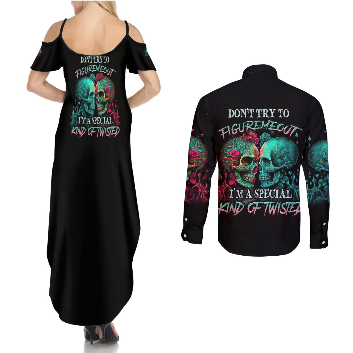 Don't Try To Figure Me Out Skull Couples Matching Summer Maxi Dress and Long Sleeve Button Shirt - Wonder Print Shop