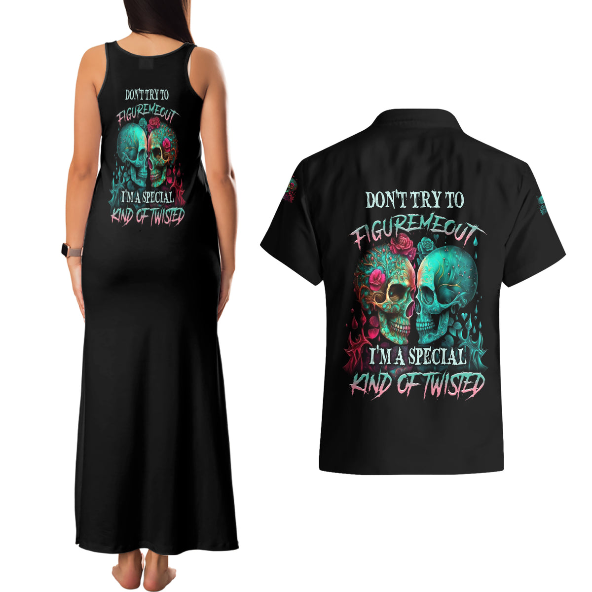 Don't Try To Figure Me Out Skull Couples Matching Tank Maxi Dress and Hawaiian Shirt - Wonder Print Shop