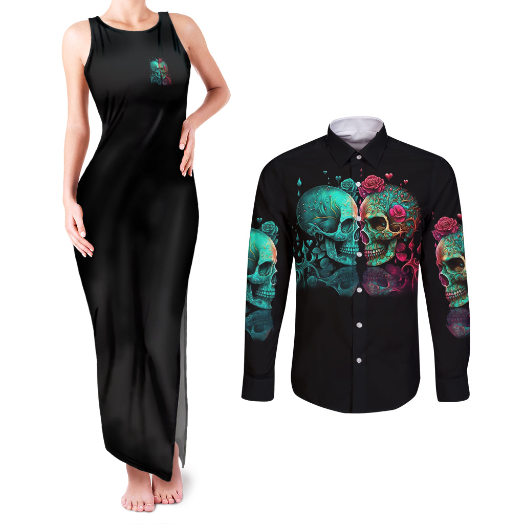 Don't Try To Figure Me Out Skull Couples Matching Tank Maxi Dress and Long Sleeve Button Shirt - Wonder Print Shop