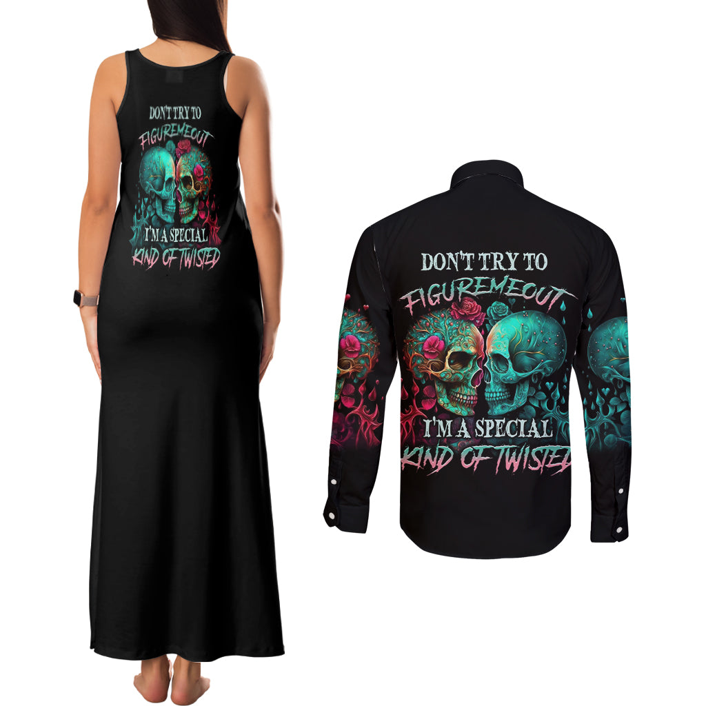 Don't Try To Figure Me Out Skull Couples Matching Tank Maxi Dress and Long Sleeve Button Shirt - Wonder Print Shop
