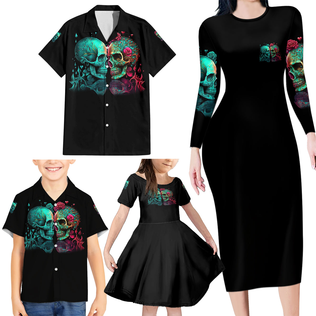 Don't Try To Figure Me Out Skull Family Matching Long Sleeve Bodycon Dress and Hawaiian Shirt - Wonder Print Shop