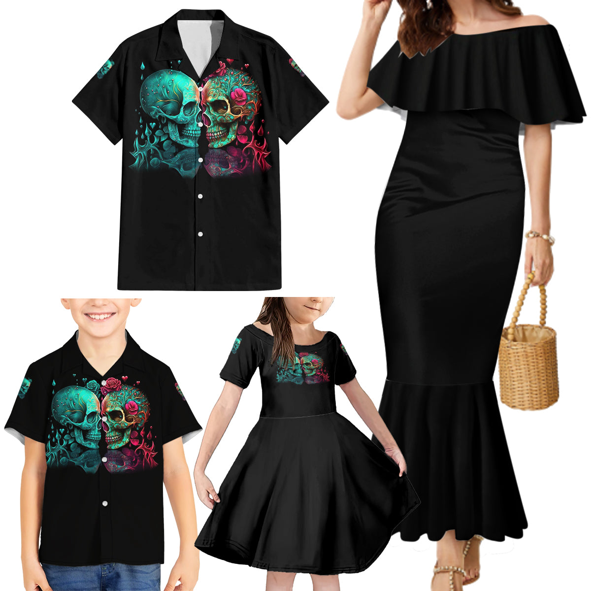 Don't Try To Figure Me Out Skull Family Matching Mermaid Dress and Hawaiian Shirt - Wonder Print Shop