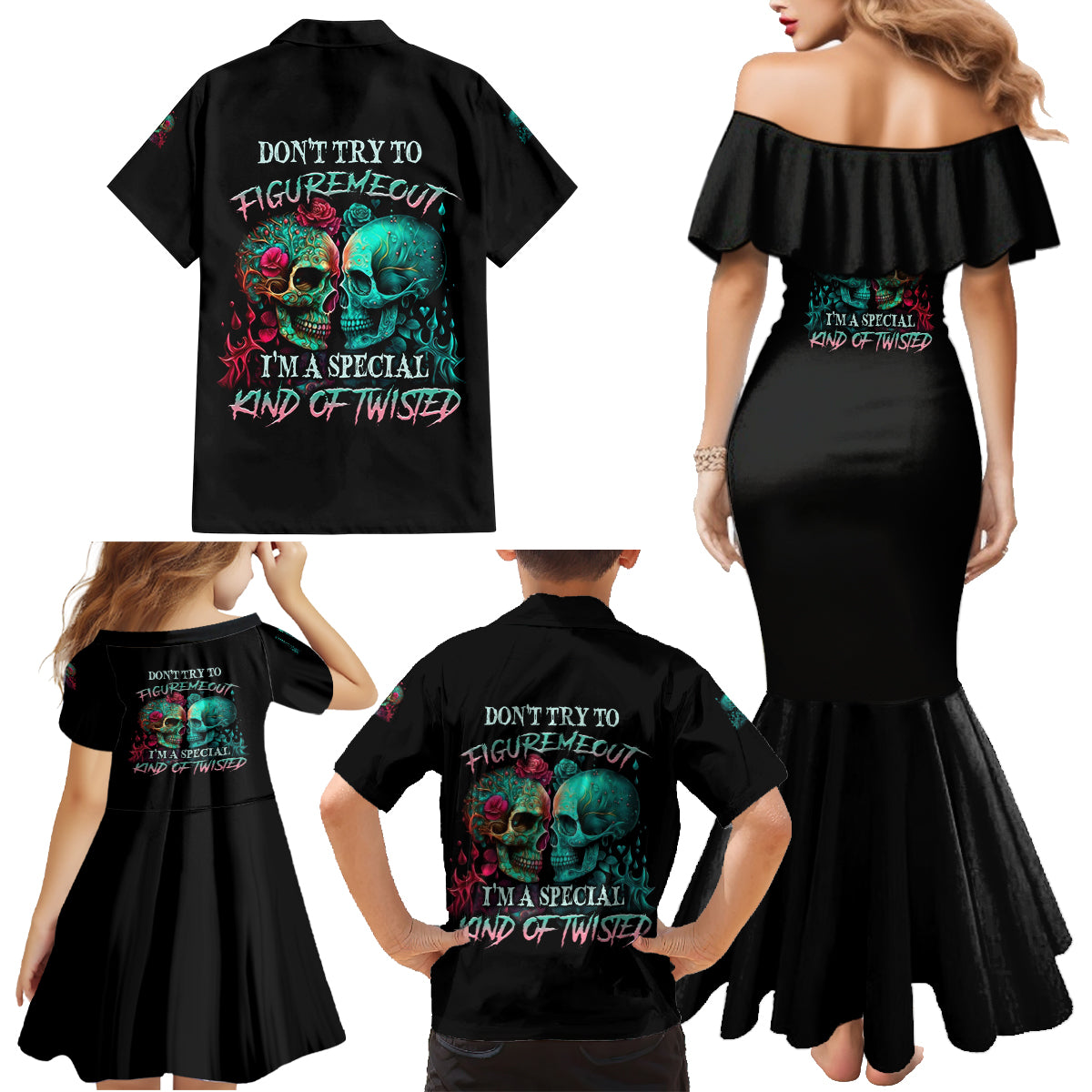 Don't Try To Figure Me Out Skull Family Matching Mermaid Dress and Hawaiian Shirt - Wonder Print Shop