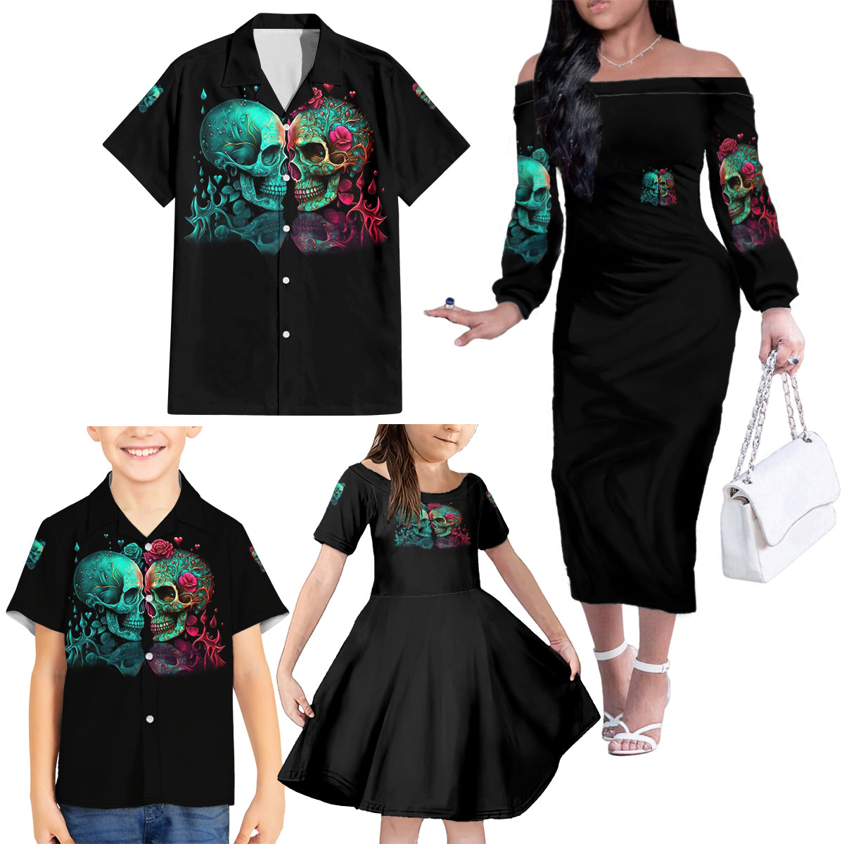Don't Try To Figure Me Out Skull Family Matching Off Shoulder Long Sleeve Dress and Hawaiian Shirt - Wonder Print Shop