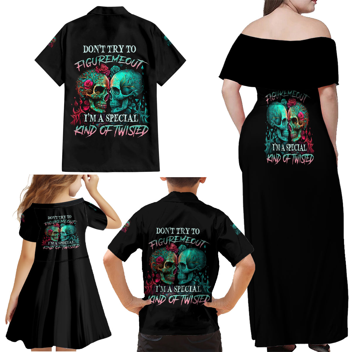 Don't Try To Figure Me Out Skull Family Matching Off Shoulder Maxi Dress and Hawaiian Shirt - Wonder Print Shop
