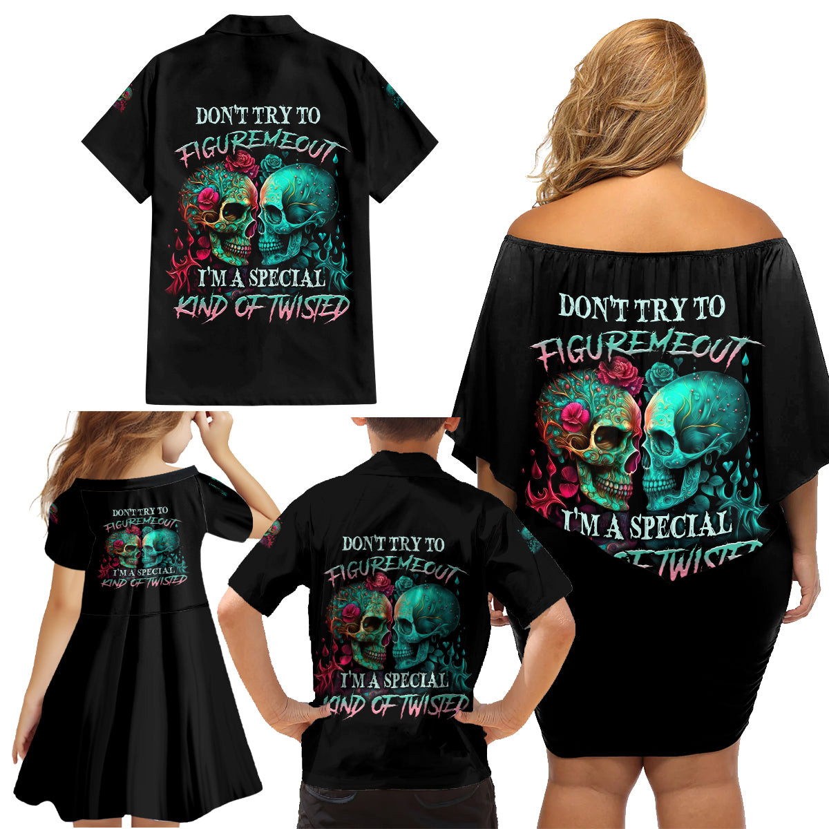 Don't Try To Figure Me Out Skull Family Matching Off Shoulder Short Dress and Hawaiian Shirt - Wonder Print Shop