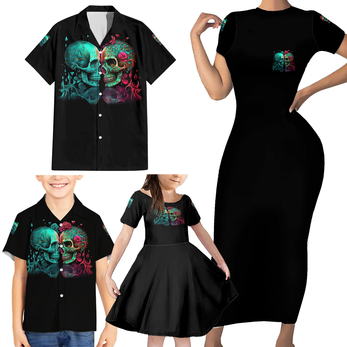 Don't Try To Figure Me Out Skull Family Matching Short Sleeve Bodycon Dress and Hawaiian Shirt - Wonder Print Shop