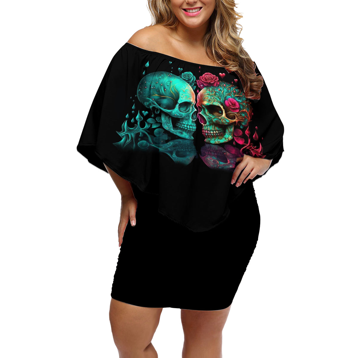 Don't Try To Figure Me Out Skull Off Shoulder Short Dress - Wonder Print Shop