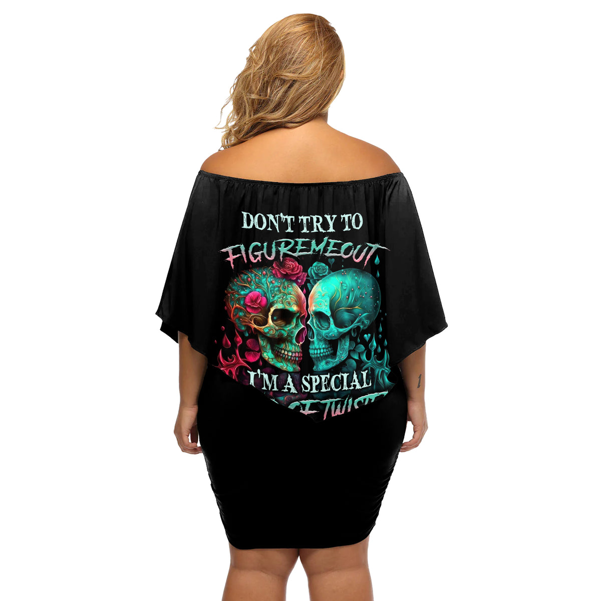 Don't Try To Figure Me Out Skull Off Shoulder Short Dress - Wonder Print Shop