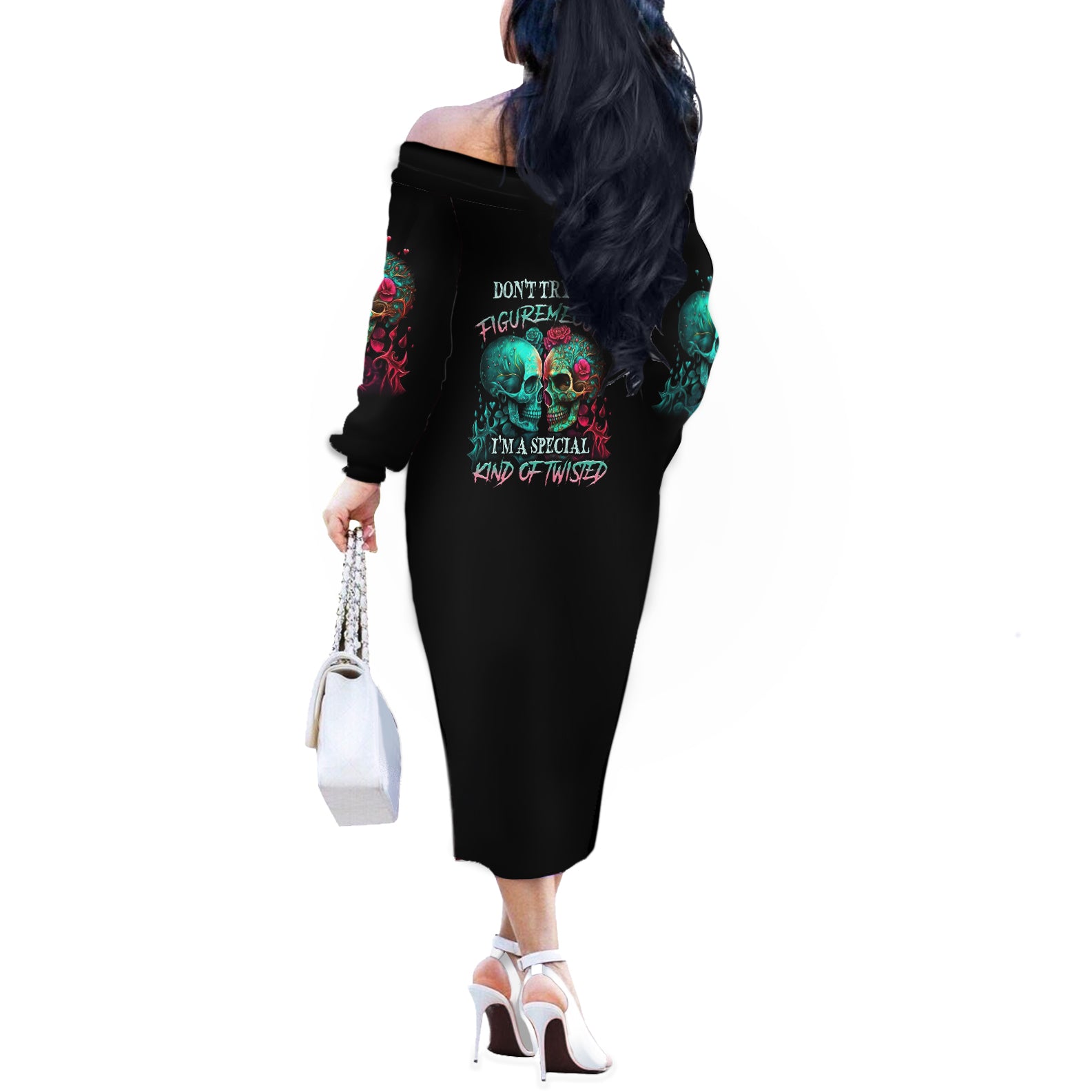 Don't Try To Figure Me Out Skull Off The Shoulder Long Sleeve Dress - Wonder Print Shop