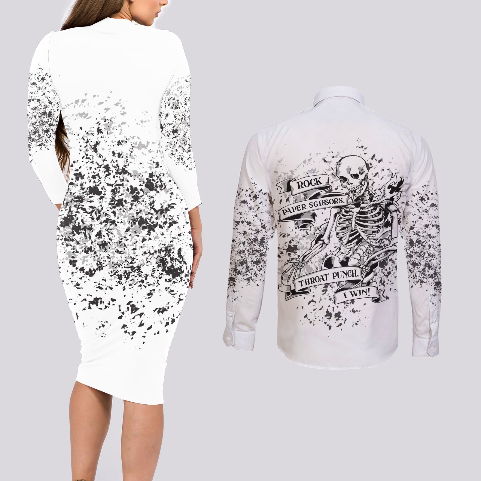 Rock Paper, Sgissors Throat Pungh I Win Couples Matching Long Sleeve Bodycon Dress and Long Sleeve Button Shirt - Wonder Print Shop