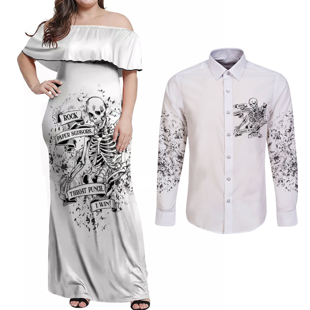 Rock Paper, Sgissors Throat Pungh I Win Couples Matching Off Shoulder Maxi Dress and Long Sleeve Button Shirt - Wonder Print Shop