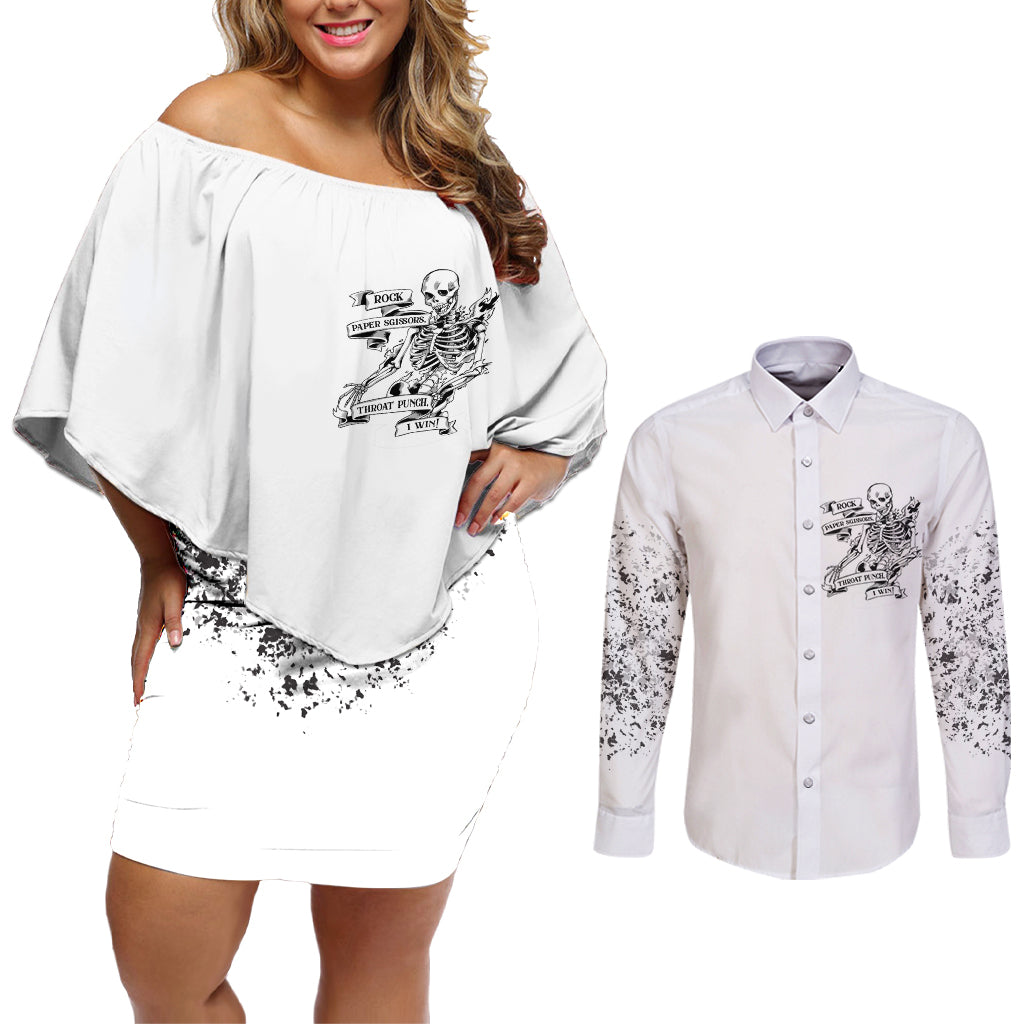 Rock Paper, Sgissors Throat Pungh I Win Couples Matching Off Shoulder Short Dress and Long Sleeve Button Shirt - Wonder Print Shop