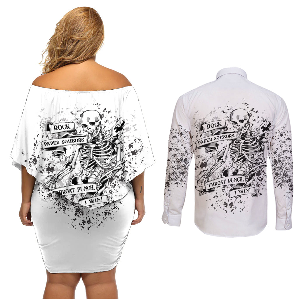 Rock Paper, Sgissors Throat Pungh I Win Couples Matching Off Shoulder Short Dress and Long Sleeve Button Shirt - Wonder Print Shop