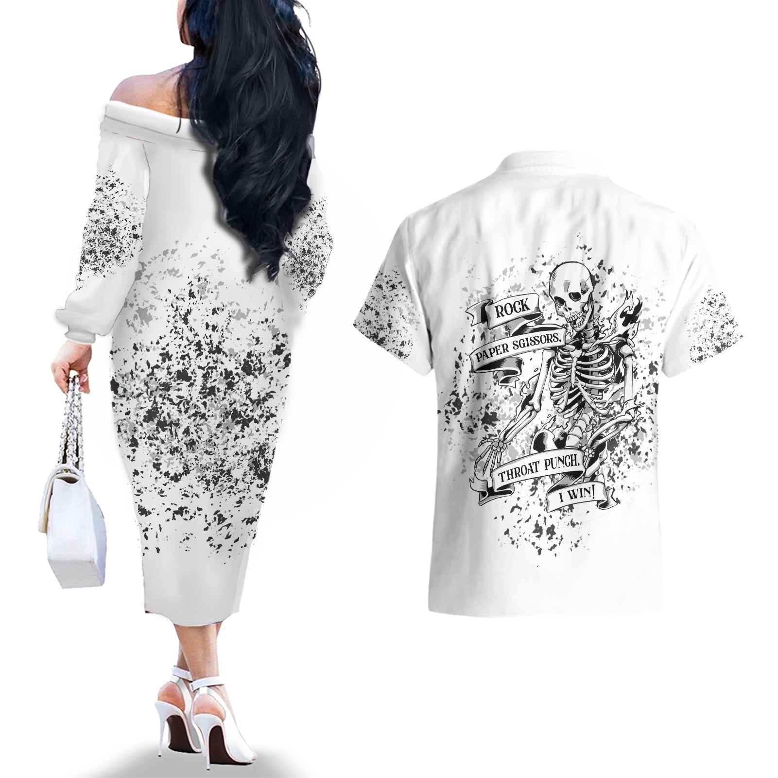 Rock Paper, Sgissors Throat Pungh I Win Couples Matching Off The Shoulder Long Sleeve Dress and Hawaiian Shirt - Wonder Print Shop