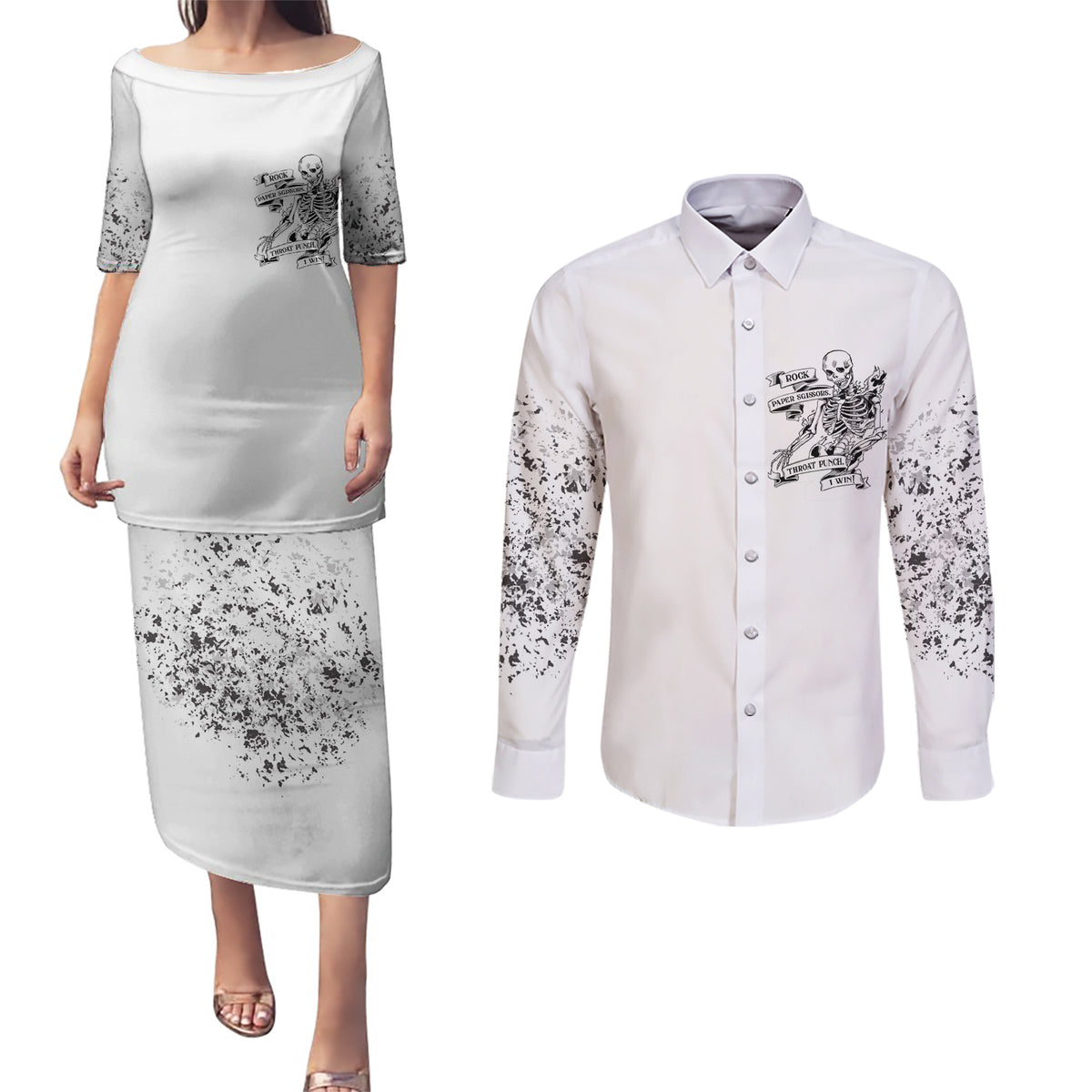 Rock Paper, Sgissors Throat Pungh I Win Couples Matching Puletasi Dress and Long Sleeve Button Shirt - Wonder Print Shop