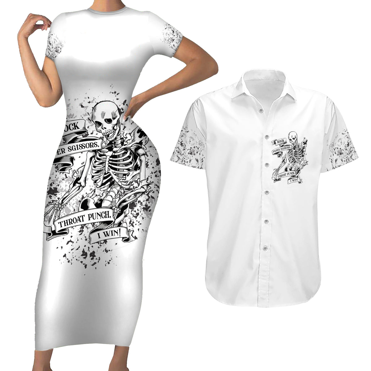 Rock Paper, Sgissors Throat Pungh I Win Couples Matching Short Sleeve Bodycon Dress and Hawaiian Shirt - Wonder Print Shop