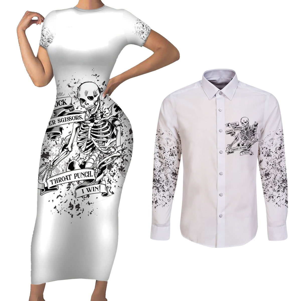 Rock Paper, Sgissors Throat Pungh I Win Couples Matching Short Sleeve Bodycon Dress and Long Sleeve Button Shirt - Wonder Print Shop