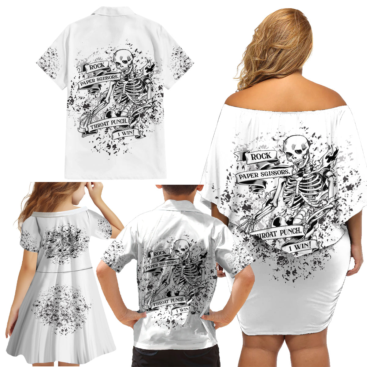 Rock Paper, Sgissors Throat Pungh I Win Family Matching Off Shoulder Short Dress and Hawaiian Shirt - Wonder Print Shop
