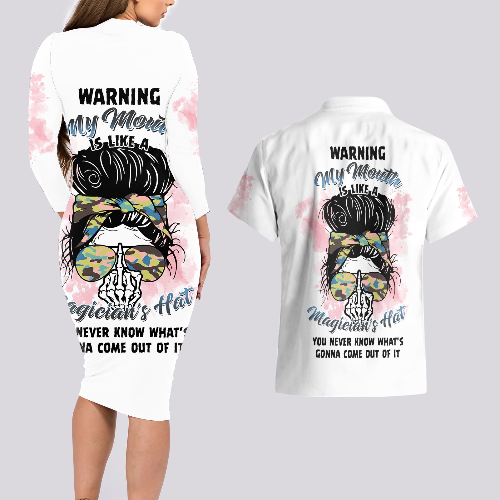 Warning My Mouth Messy Bun Couples Matching Long Sleeve Bodycon Dress and Hawaiian Shirt - Wonder Print Shop