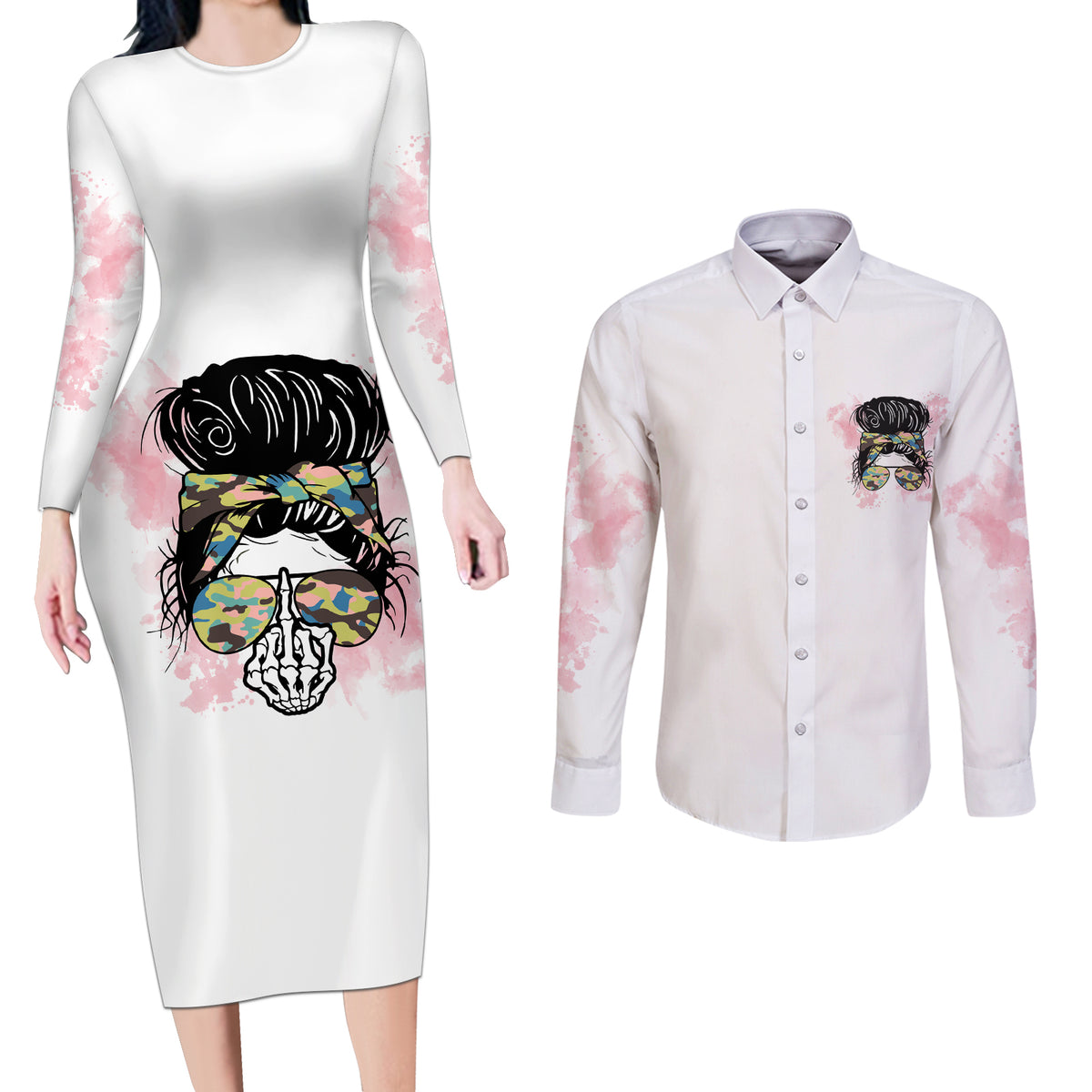 Warning My Mouth Messy Bun Couples Matching Long Sleeve Bodycon Dress and Long Sleeve Button Shirt - Wonder Print Shop