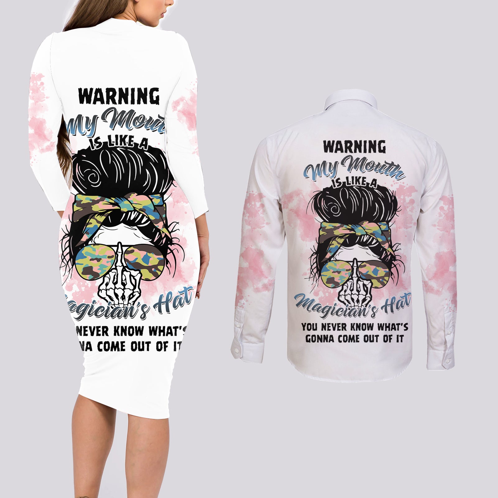 Warning My Mouth Messy Bun Couples Matching Long Sleeve Bodycon Dress and Long Sleeve Button Shirt - Wonder Print Shop