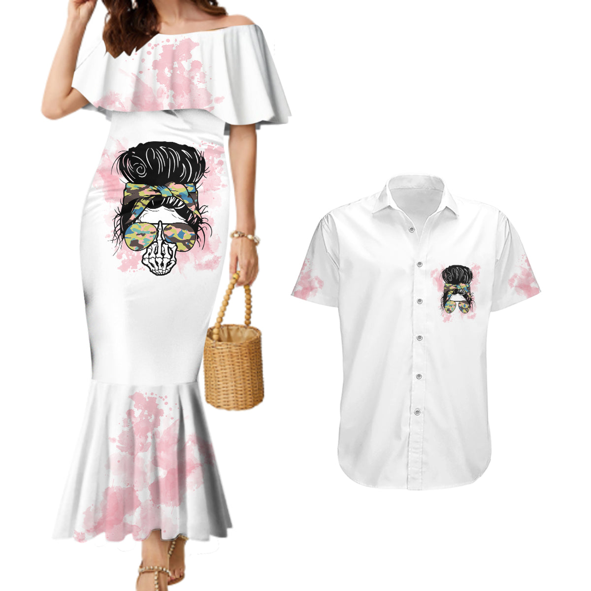 Warning My Mouth Messy Bun Couples Matching Mermaid Dress and Hawaiian Shirt - Wonder Print Shop