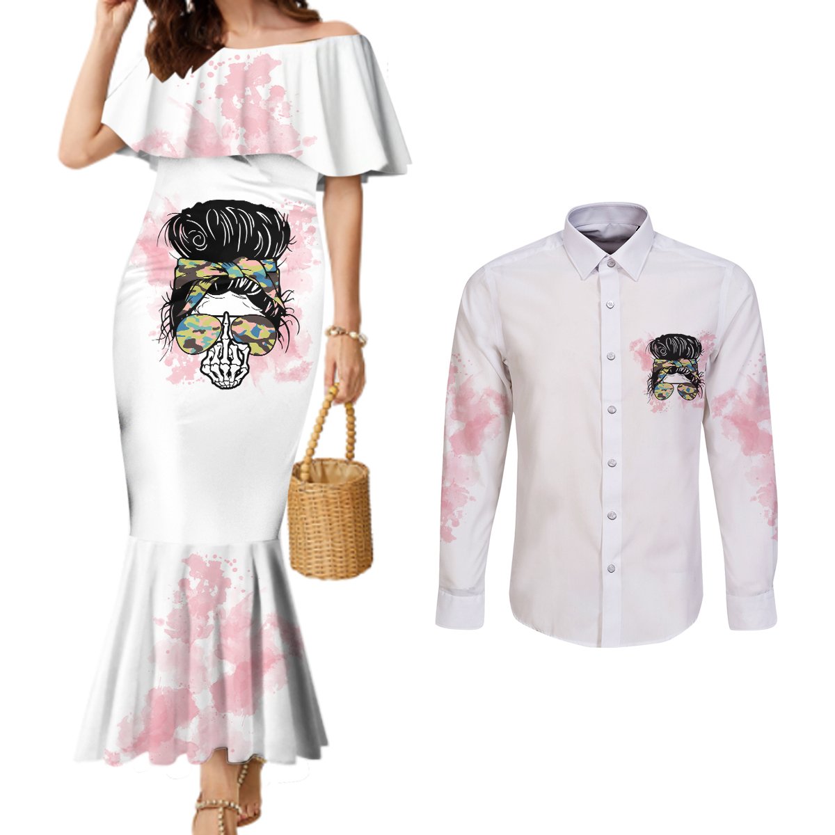 warning-my-mouth-messy-bun-couples-matching-mermaid-dress-and-long-sleeve-button-shirt