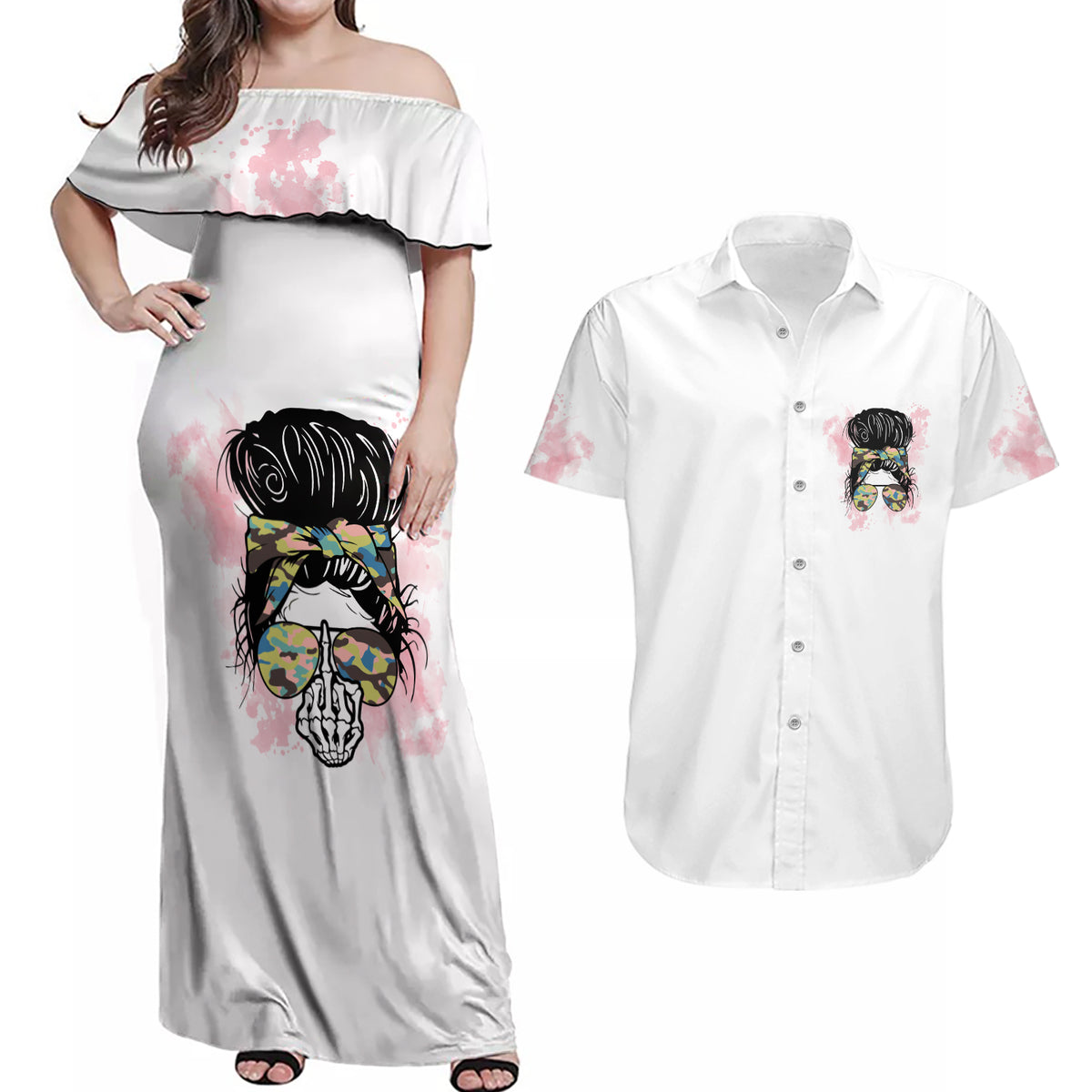 Warning My Mouth Messy Bun Couples Matching Off Shoulder Maxi Dress and Hawaiian Shirt - Wonder Print Shop