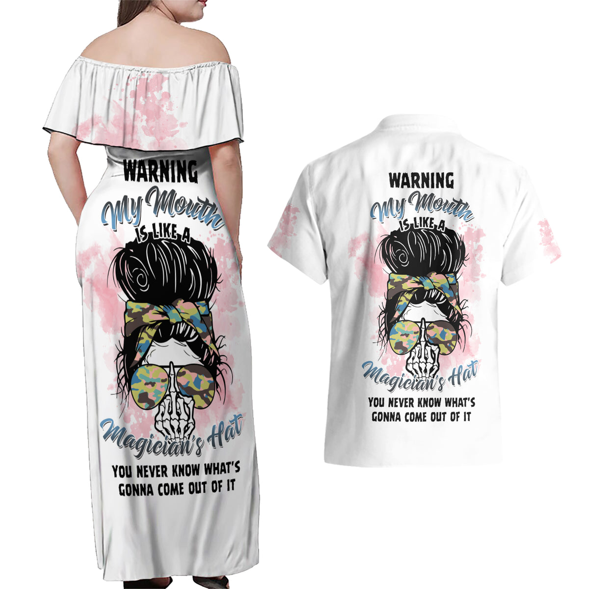 Warning My Mouth Messy Bun Couples Matching Off Shoulder Maxi Dress and Hawaiian Shirt - Wonder Print Shop