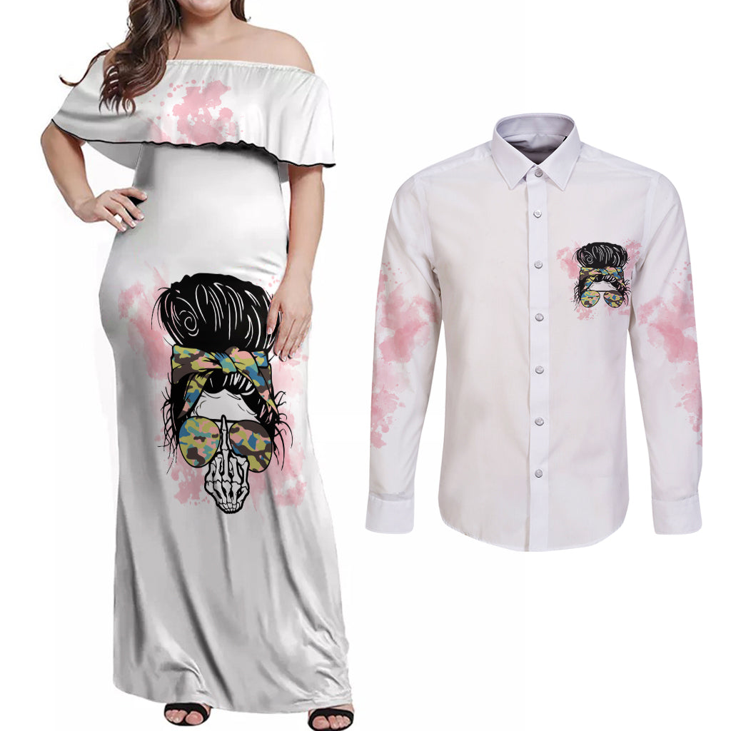 Warning My Mouth Messy Bun Couples Matching Off Shoulder Maxi Dress and Long Sleeve Button Shirt - Wonder Print Shop