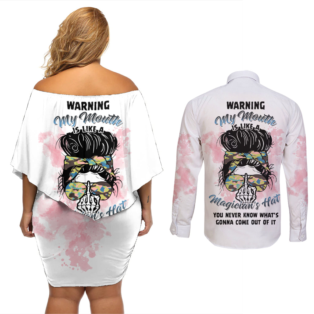 Warning My Mouth Messy Bun Couples Matching Off Shoulder Short Dress and Long Sleeve Button Shirt - Wonder Print Shop