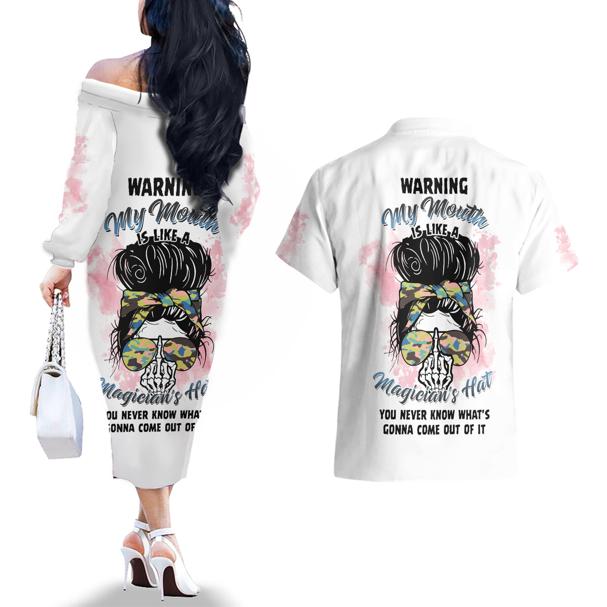 Warning My Mouth Messy Bun Couples Matching Off The Shoulder Long Sleeve Dress and Hawaiian Shirt - Wonder Print Shop
