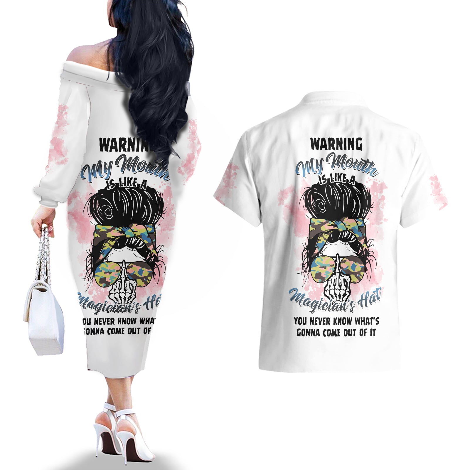 Warning My Mouth Messy Bun Couples Matching Off The Shoulder Long Sleeve Dress and Hawaiian Shirt - Wonder Print Shop