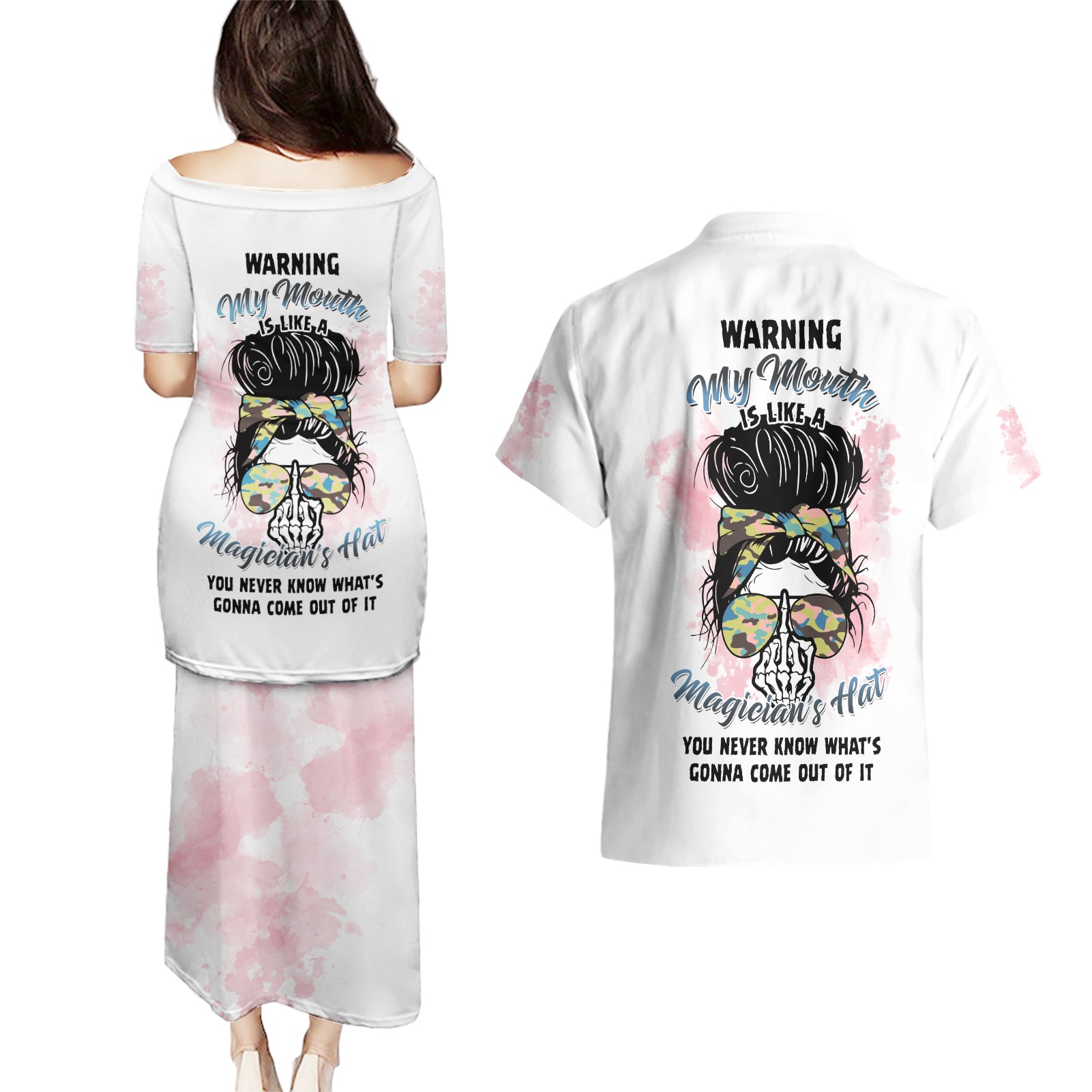 Warning My Mouth Messy Bun Couples Matching Puletasi Dress and Hawaiian Shirt - Wonder Print Shop