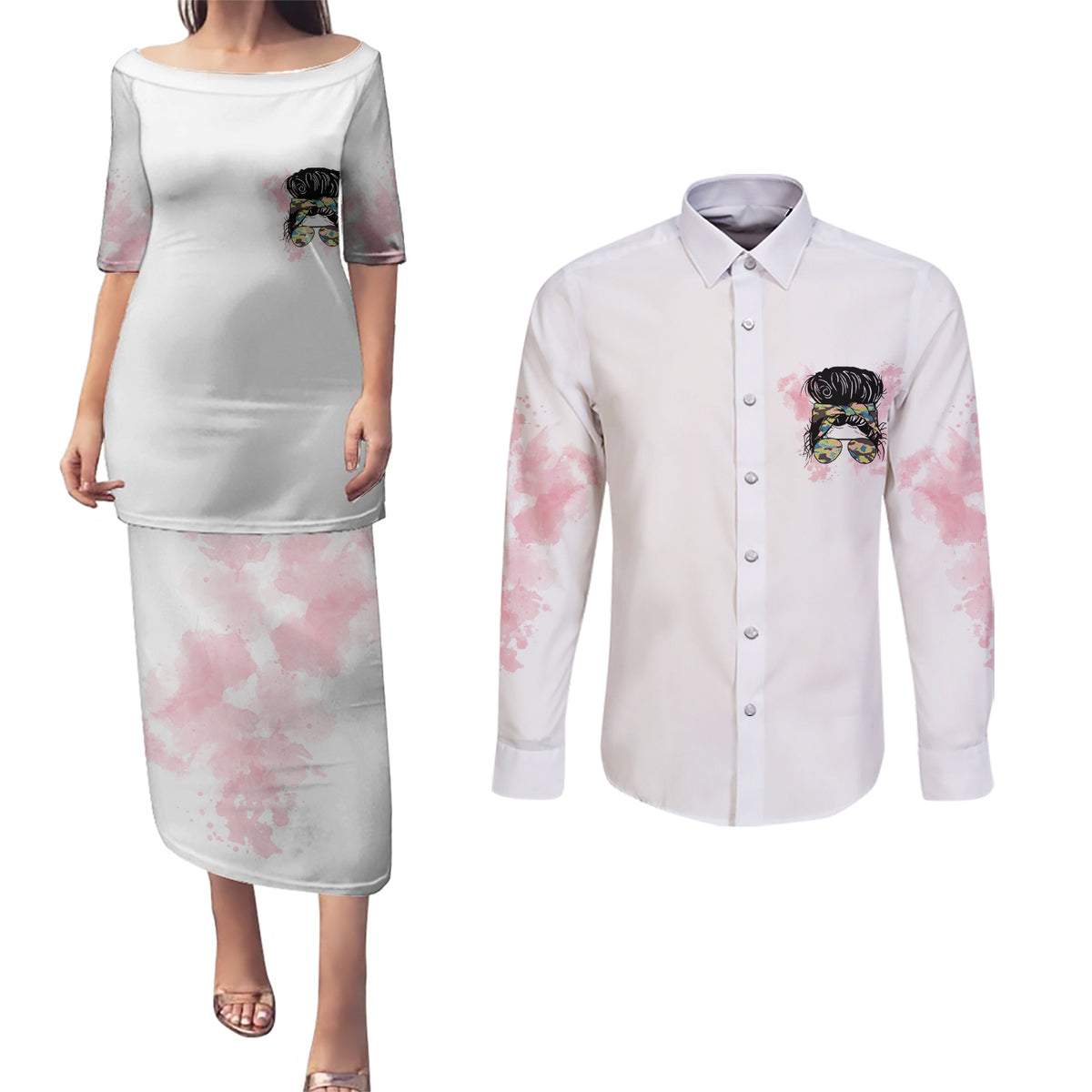 Warning My Mouth Messy Bun Couples Matching Puletasi Dress and Long Sleeve Button Shirt - Wonder Print Shop