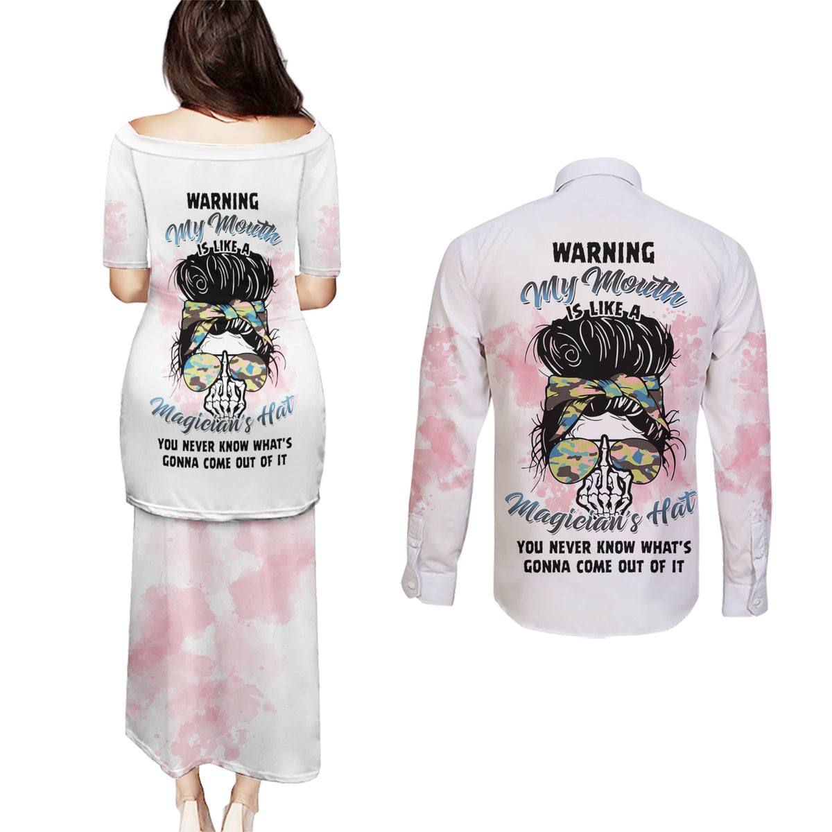 Warning My Mouth Messy Bun Couples Matching Puletasi Dress and Long Sleeve Button Shirt - Wonder Print Shop