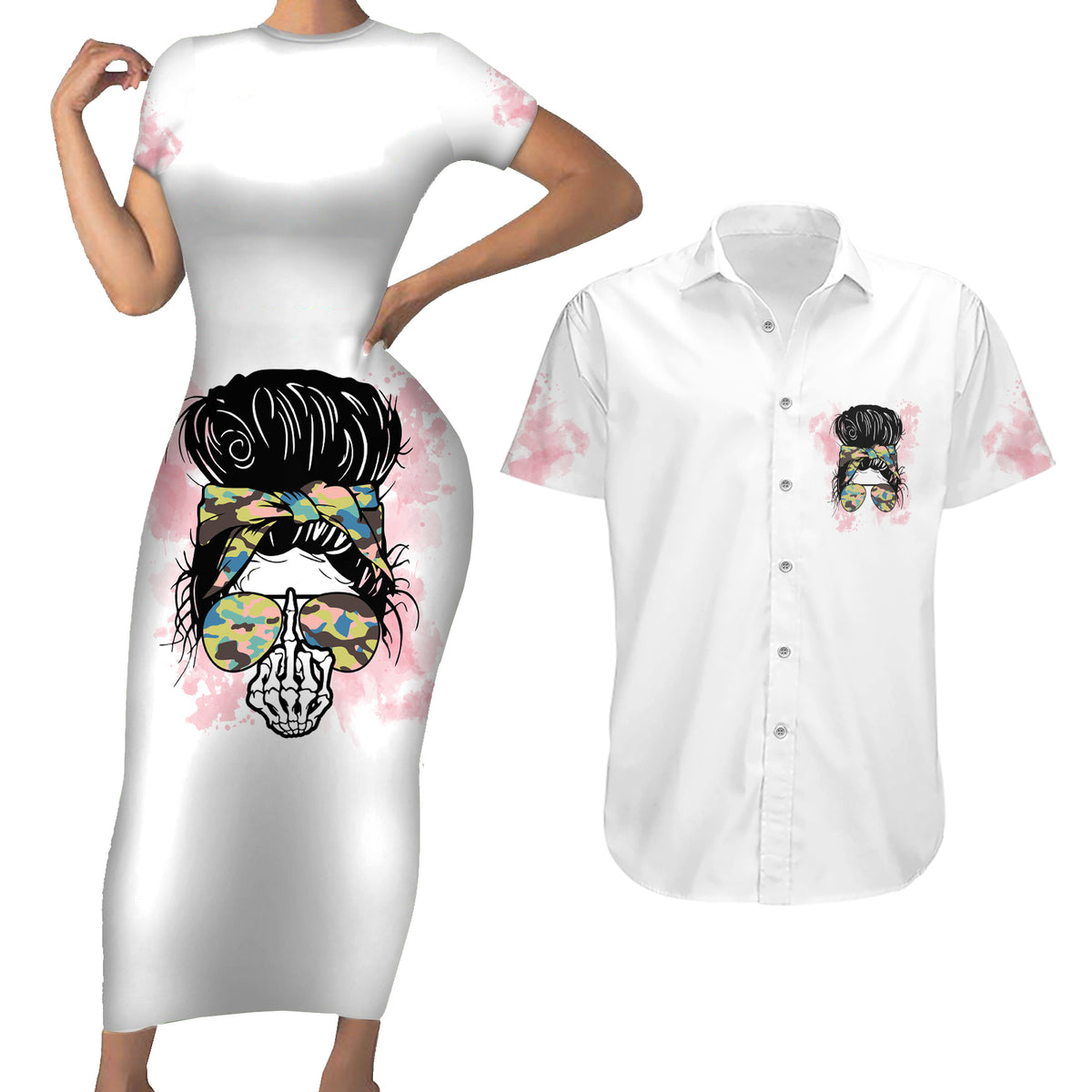Warning My Mouth Messy Bun Couples Matching Short Sleeve Bodycon Dress and Hawaiian Shirt - Wonder Print Shop