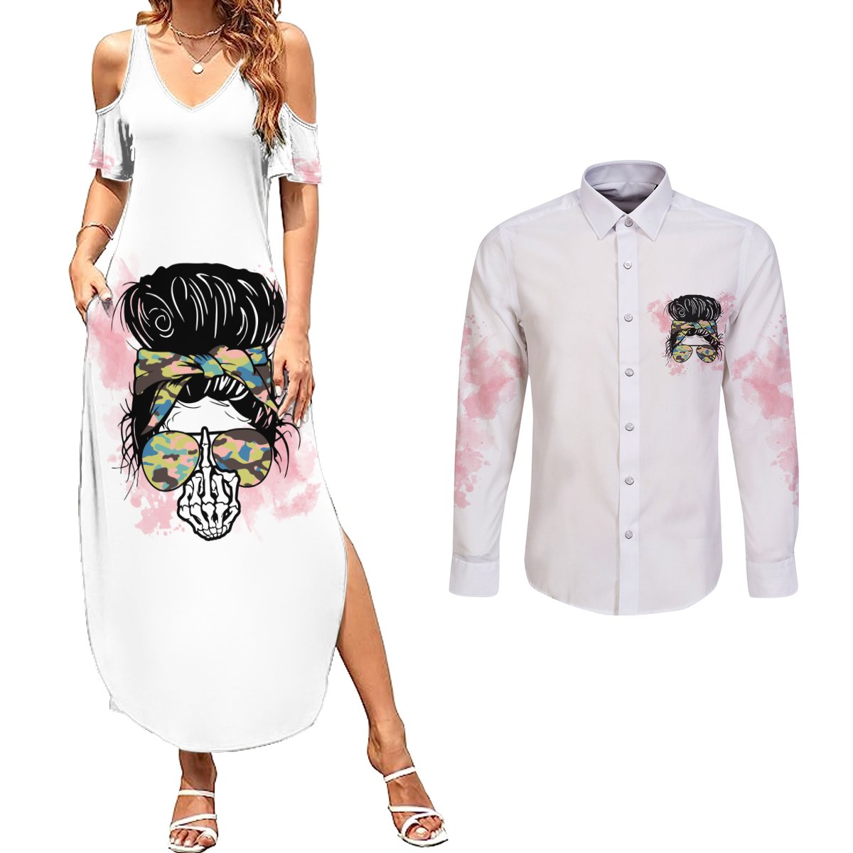 Warning My Mouth Messy Bun Couples Matching Summer Maxi Dress and Long Sleeve Button Shirt - Wonder Print Shop