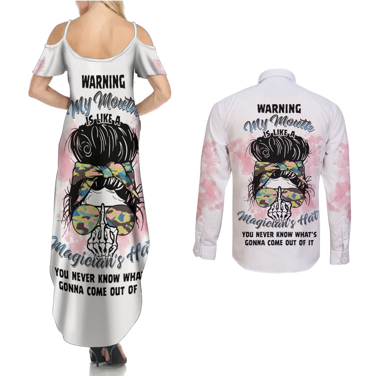 Warning My Mouth Messy Bun Couples Matching Summer Maxi Dress and Long Sleeve Button Shirt - Wonder Print Shop