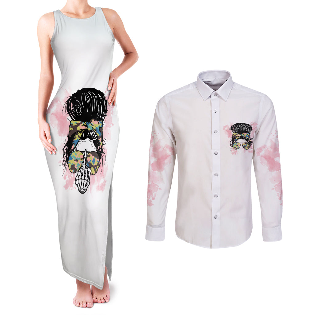 Warning My Mouth Messy Bun Couples Matching Tank Maxi Dress and Long Sleeve Button Shirt - Wonder Print Shop