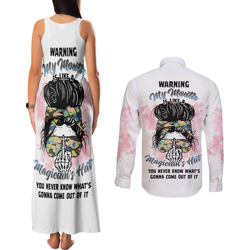 Warning My Mouth Messy Bun Couples Matching Tank Maxi Dress and Long Sleeve Button Shirt - Wonder Print Shop