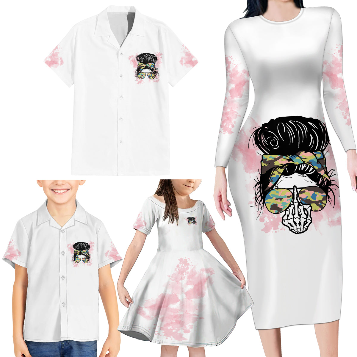 Warning My Mouth Messy Bun Family Matching Long Sleeve Bodycon Dress and Hawaiian Shirt - Wonder Print Shop