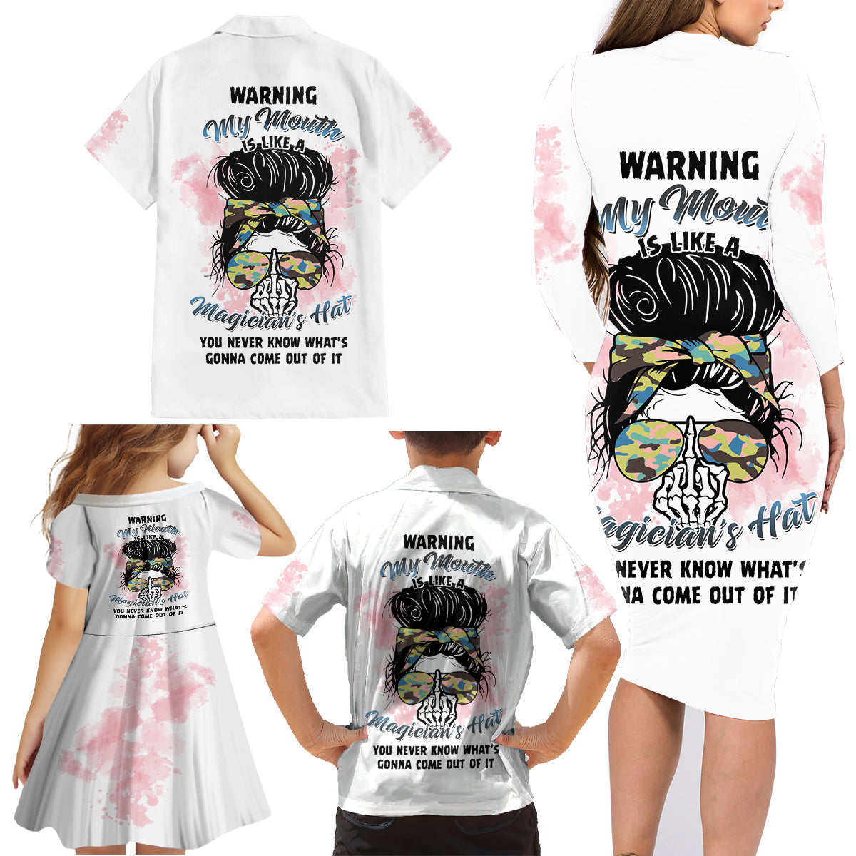 Warning My Mouth Messy Bun Family Matching Long Sleeve Bodycon Dress and Hawaiian Shirt - Wonder Print Shop
