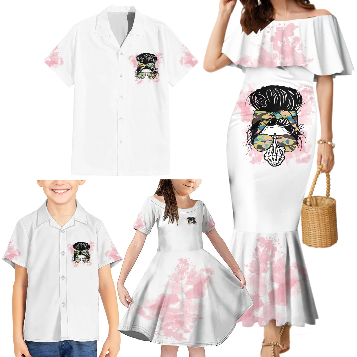 Warning My Mouth Messy Bun Family Matching Mermaid Dress and Hawaiian Shirt - Wonder Print Shop