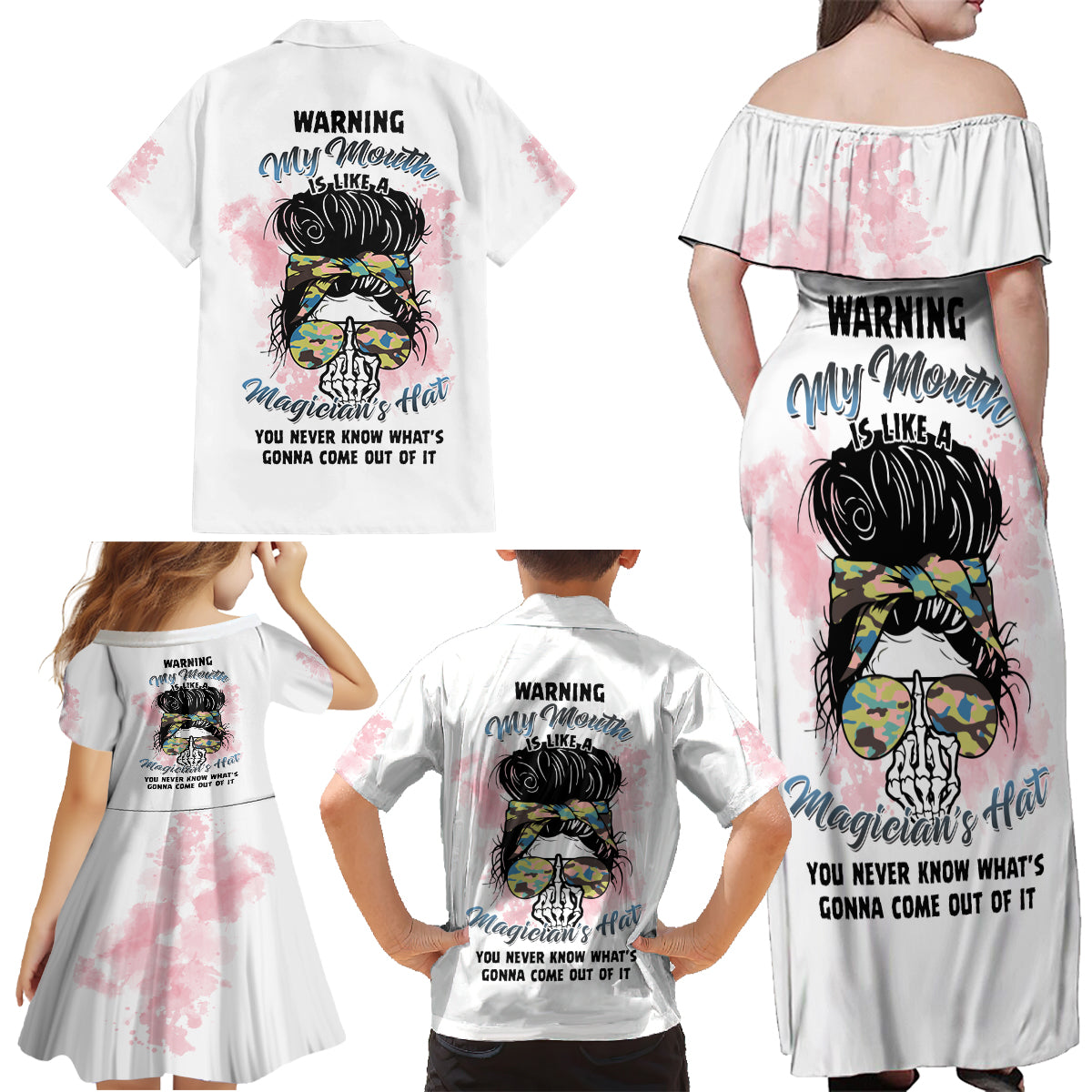 Warning My Mouth Messy Bun Family Matching Off Shoulder Maxi Dress and Hawaiian Shirt - Wonder Print Shop
