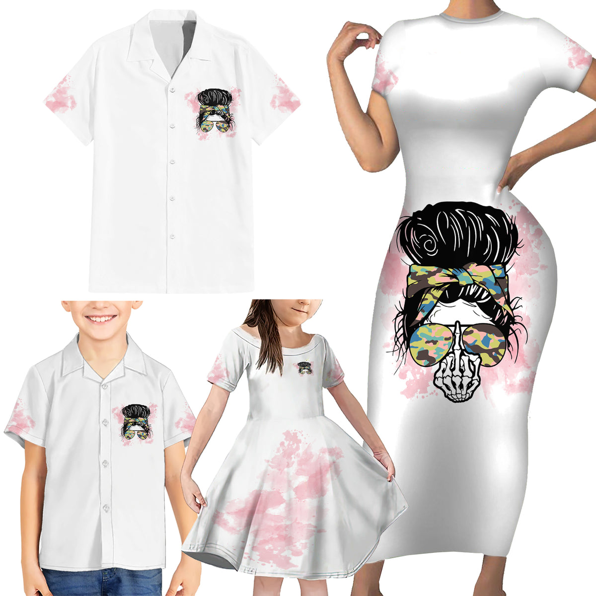 Warning My Mouth Messy Bun Family Matching Short Sleeve Bodycon Dress and Hawaiian Shirt - Wonder Print Shop