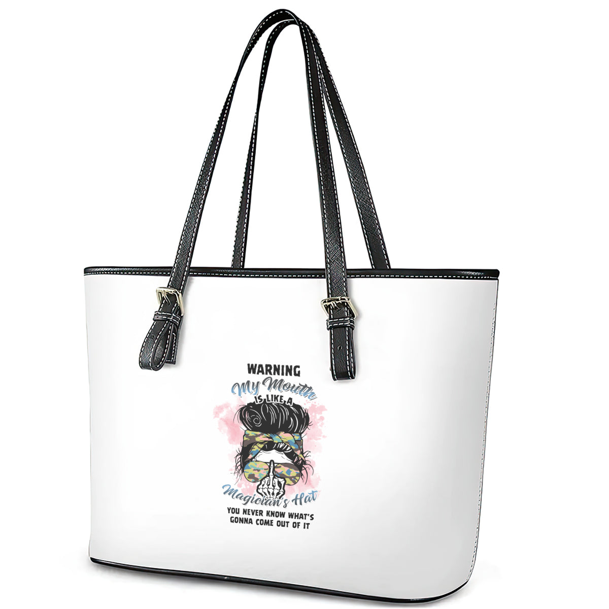 Warning My Mouth Messy Bun Leather Tote Bag - Wonder Print Shop